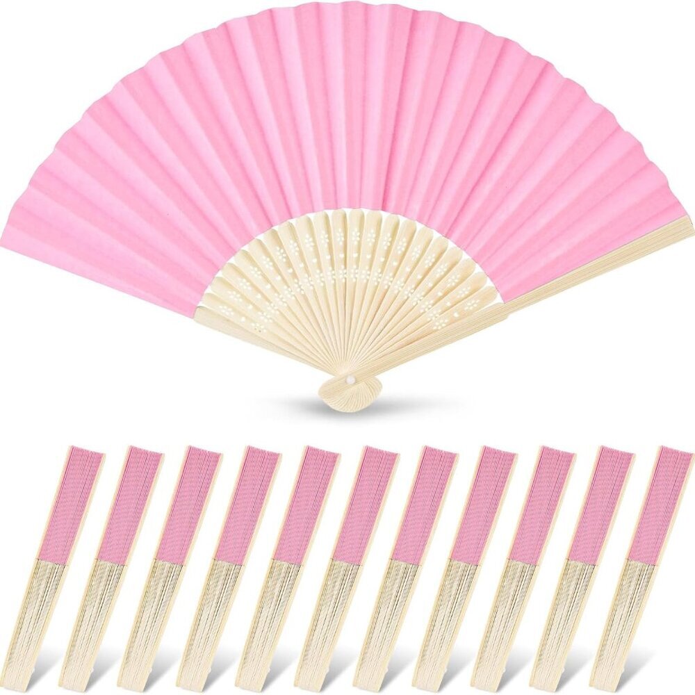 12 PCS Paper Folding Hand Fans, 8.3 Inch Pink Paper Fans Handheld Portable for W